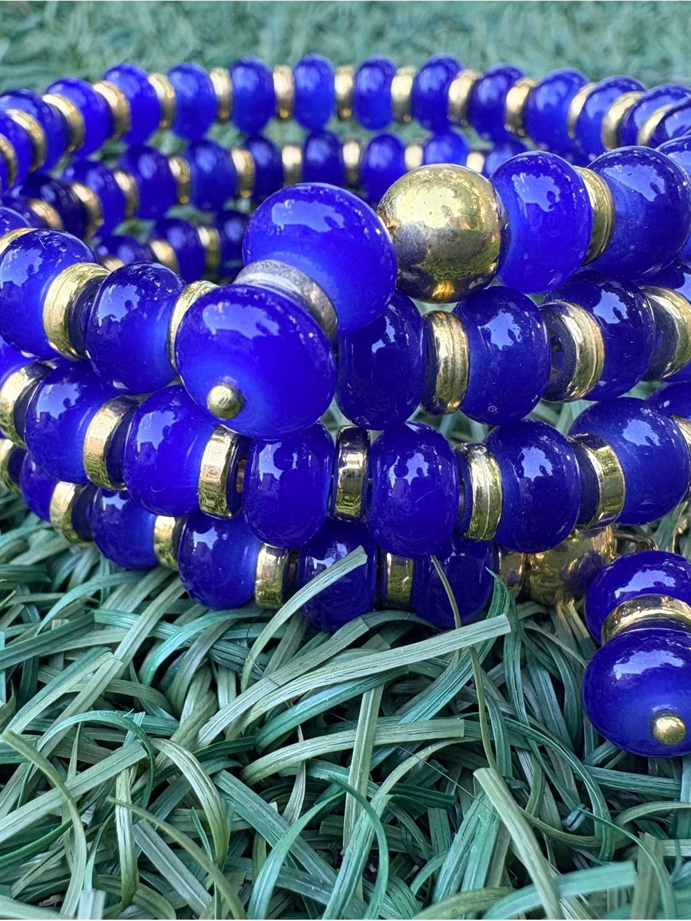 Women's Cobalt Blue Beaded Coil Bracelet with Gold Accents
